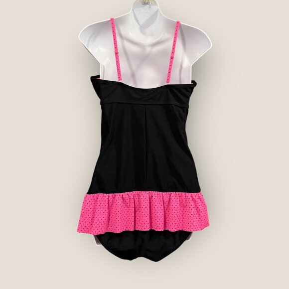 Joe Boxer Black and Pink Polka Dot Ruffle One Piece Swimsuit Size Large Swim - Picture 2 of 6